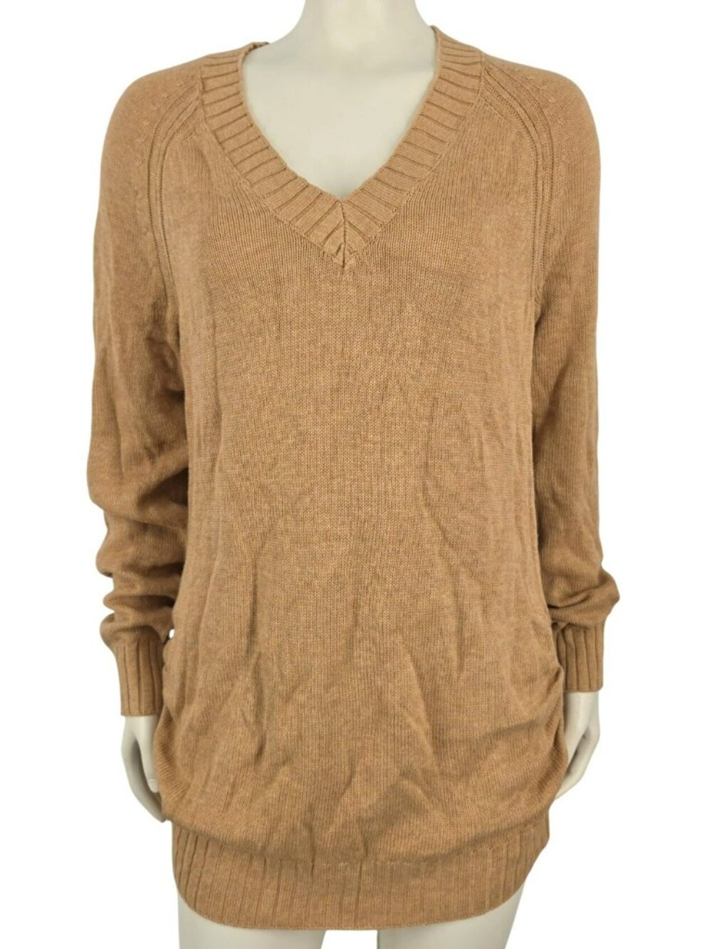 Women's Old Navy Ruched Side Maternity? Long Sweater Camel Rib Trim V-Neck Mediu